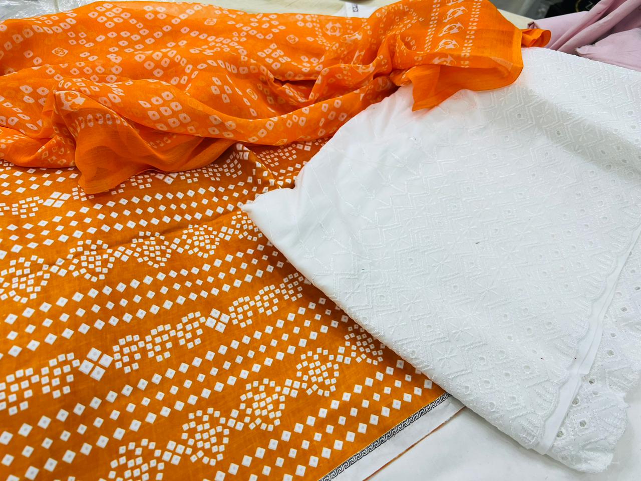 CHUNRI PRINT / EMBROIDERED TROUSER / CIFFON DUPATTA-3PC- ORANGE GLOW