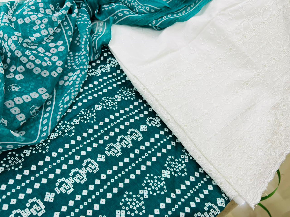 Chunri Print / Embroidered Trouser / Chiffon Dupatta-3PC- B.GREEN GLOW