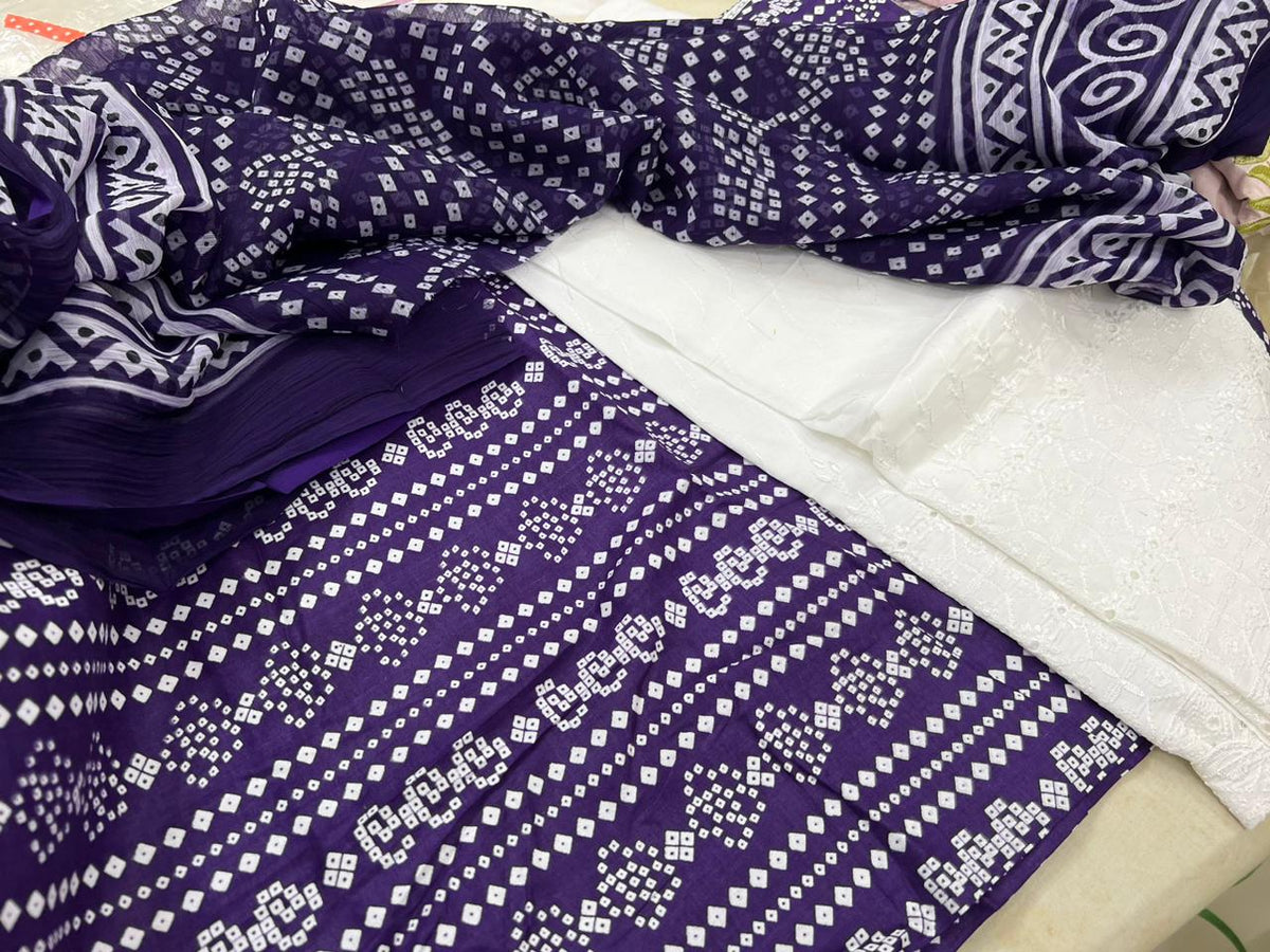 Chunri Print / Embroidered Trouser / Chiffon Dupatta-3PC- PURPLE