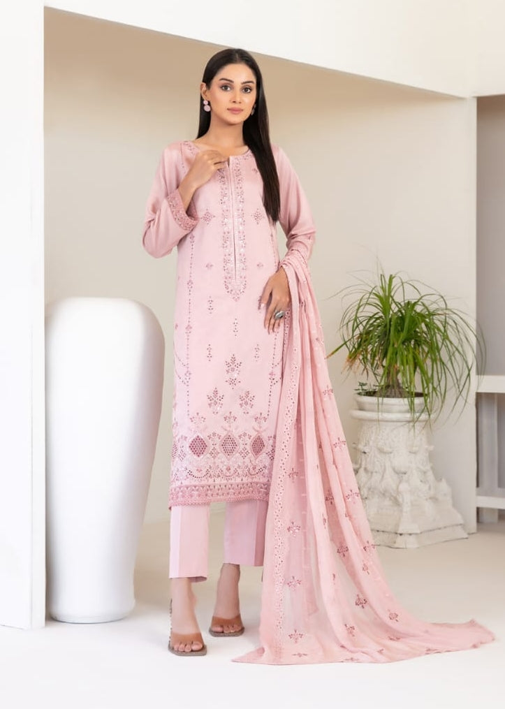 Tawakkal Fabrics Embroidered Viscose Zari Suits Unstitched 3 Piece (Embroidered Schiffli Chiffon Dupatta) - D-4393 - Najwa