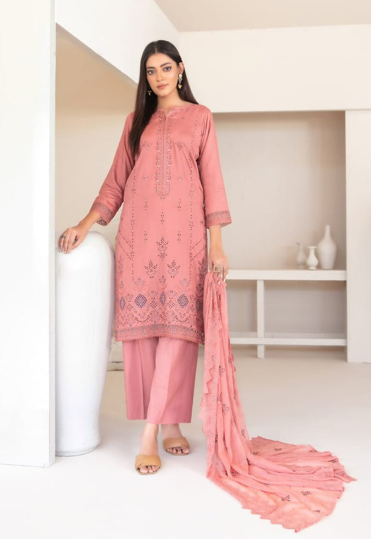 Tawakkal Fabrics Embroidered Viscose Zari Suits Unstitched 3 Piece (Embroidered Schiffli Chiffon Dupatta) - D-4336 - Najwa