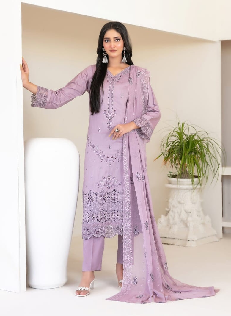 Tawakkal Fabrics Embroidered Viscose Zari Suits Unstitched 3 Piece (Embroidered Schiffli Chiffon Dupatta) - D-4438 - Najwa
