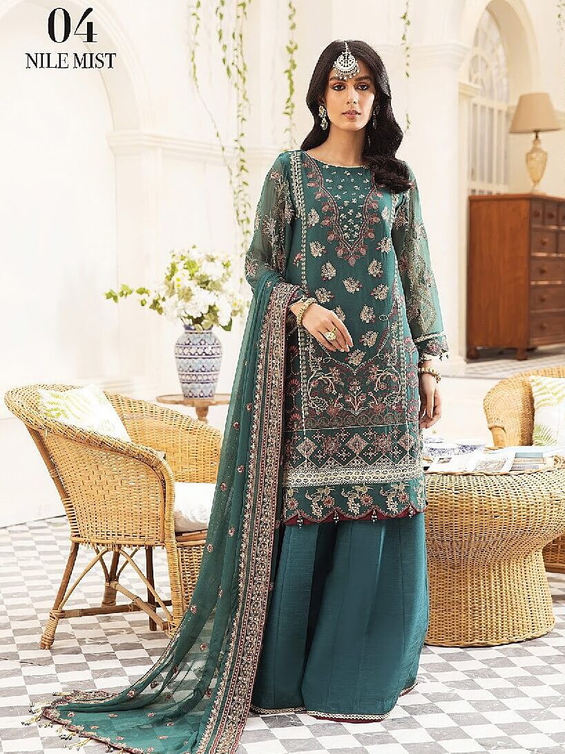 Xenia Embroidered Chiffon Suits Unstitched 3 Piece 04-NILE MIST - Formal Collection