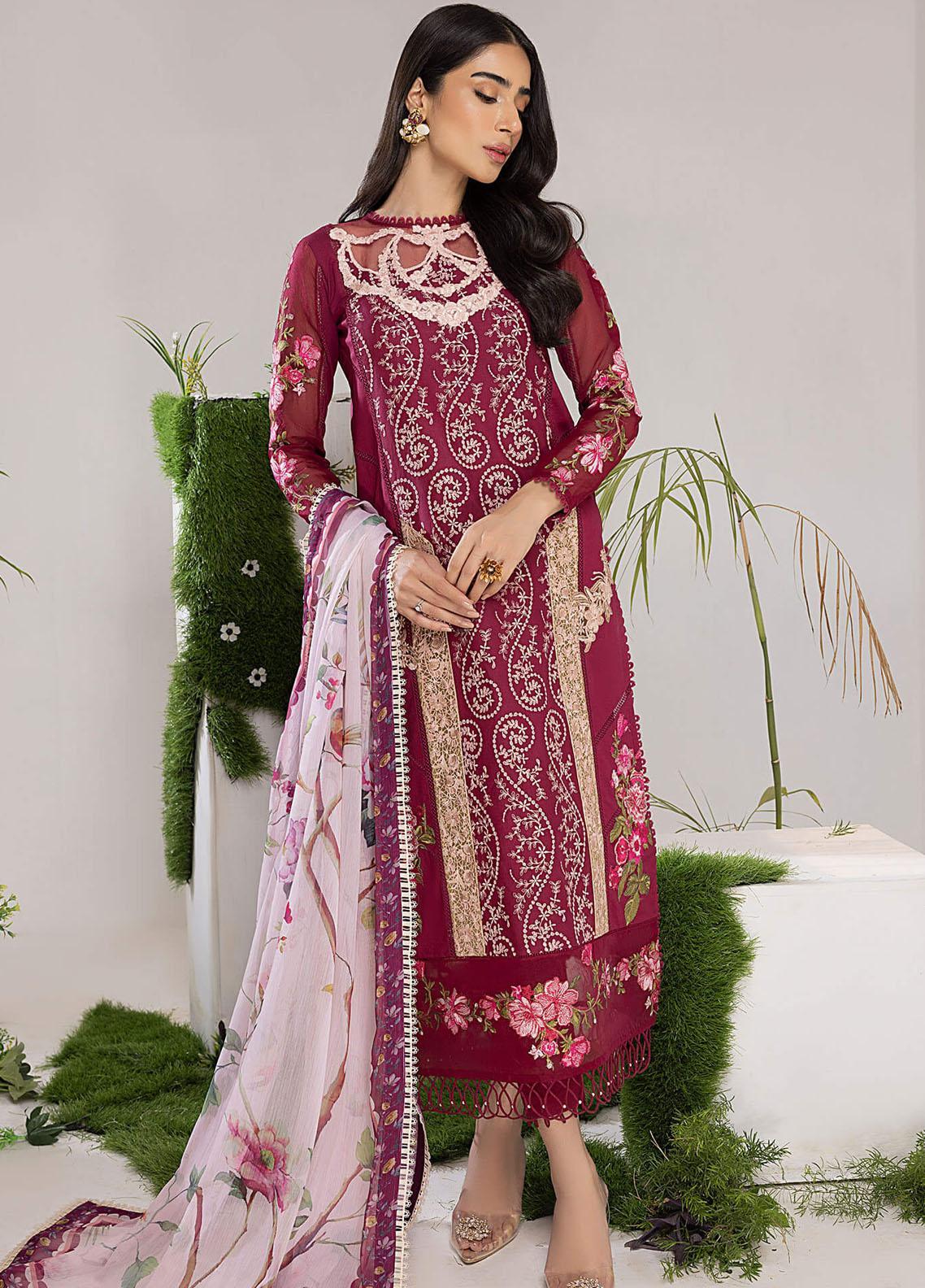 Asifa & Nabeel - Aleyna Embroidered Lawn Suits Unstitched 3 Piece AN23AL ALV-09 Cranberry - Summer Collection