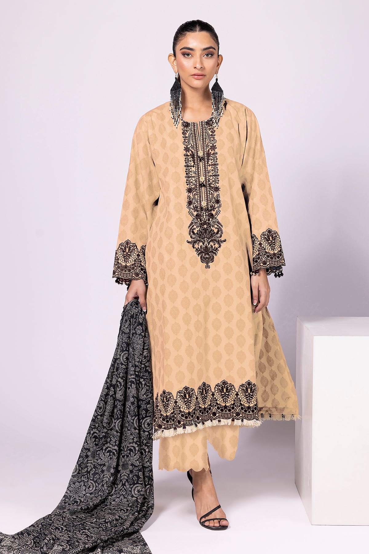 Khaadi Dyed Embroidered Cotton Satin Jacquard | Top Bottoms Dupatta - BJ22403-BEIGE