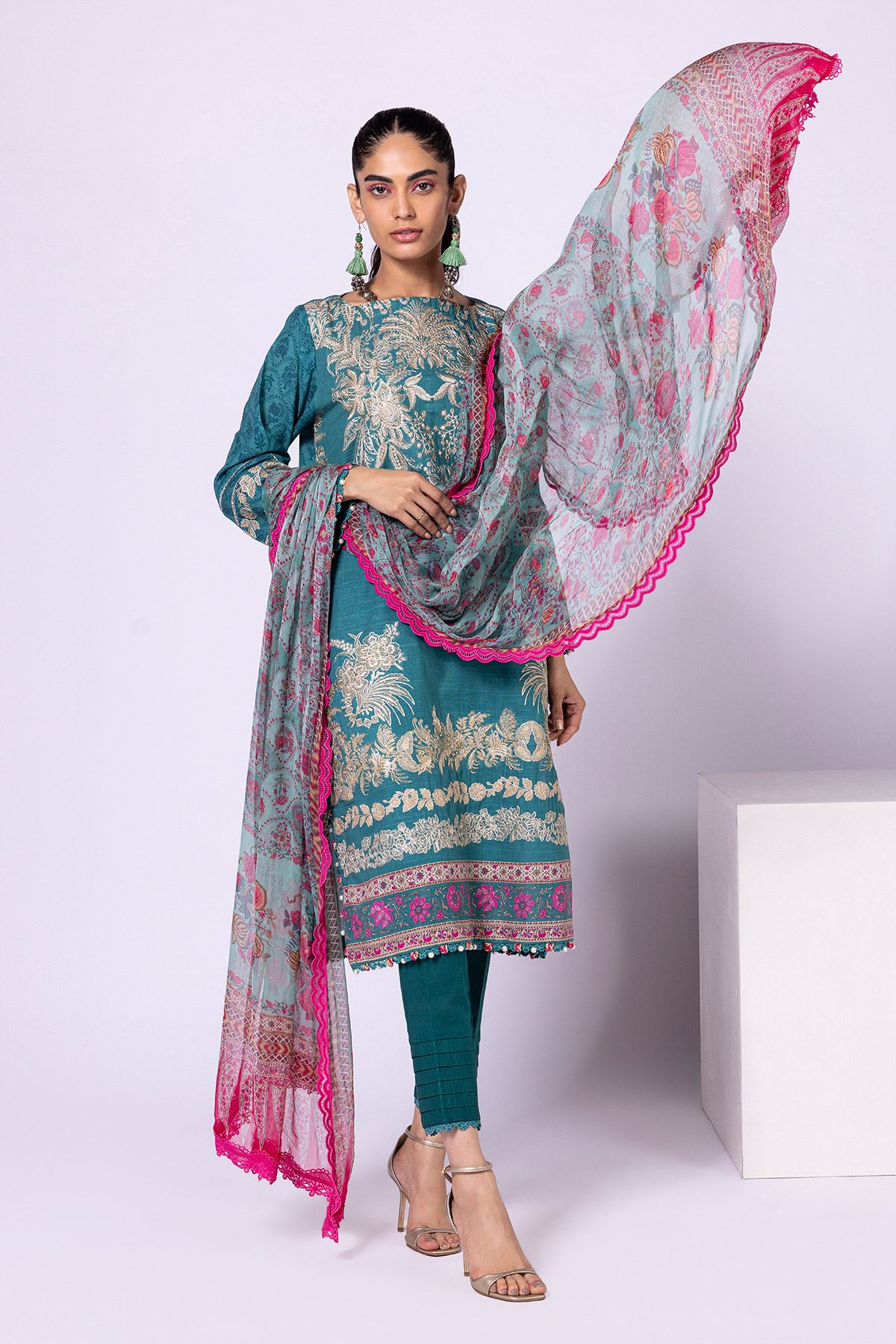 Khaadi Printed Embroidered Khaddar | Top Bottoms Dupatta - BK22413-TEAL