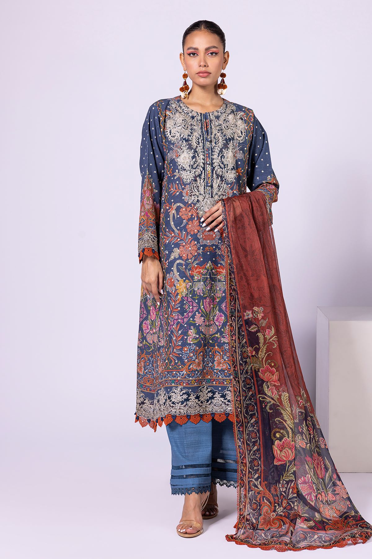 Khaadi Printed Embroidered Khaddar | Top Bottoms Dupatta - BK22415-BLUE