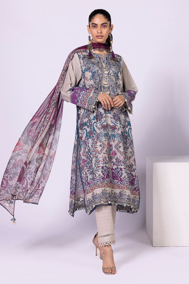 Khaadi Printed Embroidered Khaddar | Top Bottoms Dupatta - BK22415-GREY