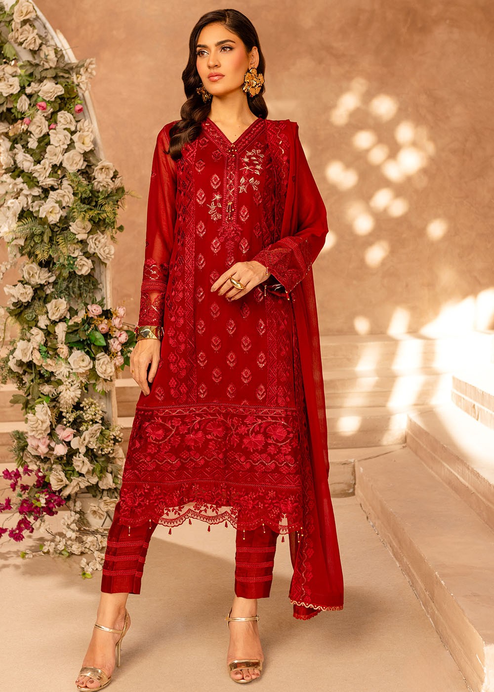 Shireen Lakdawala Embroidered Chiffon Suits Unstitched 3 Piece ST25SL SL-C-V10- Wine Scarlet