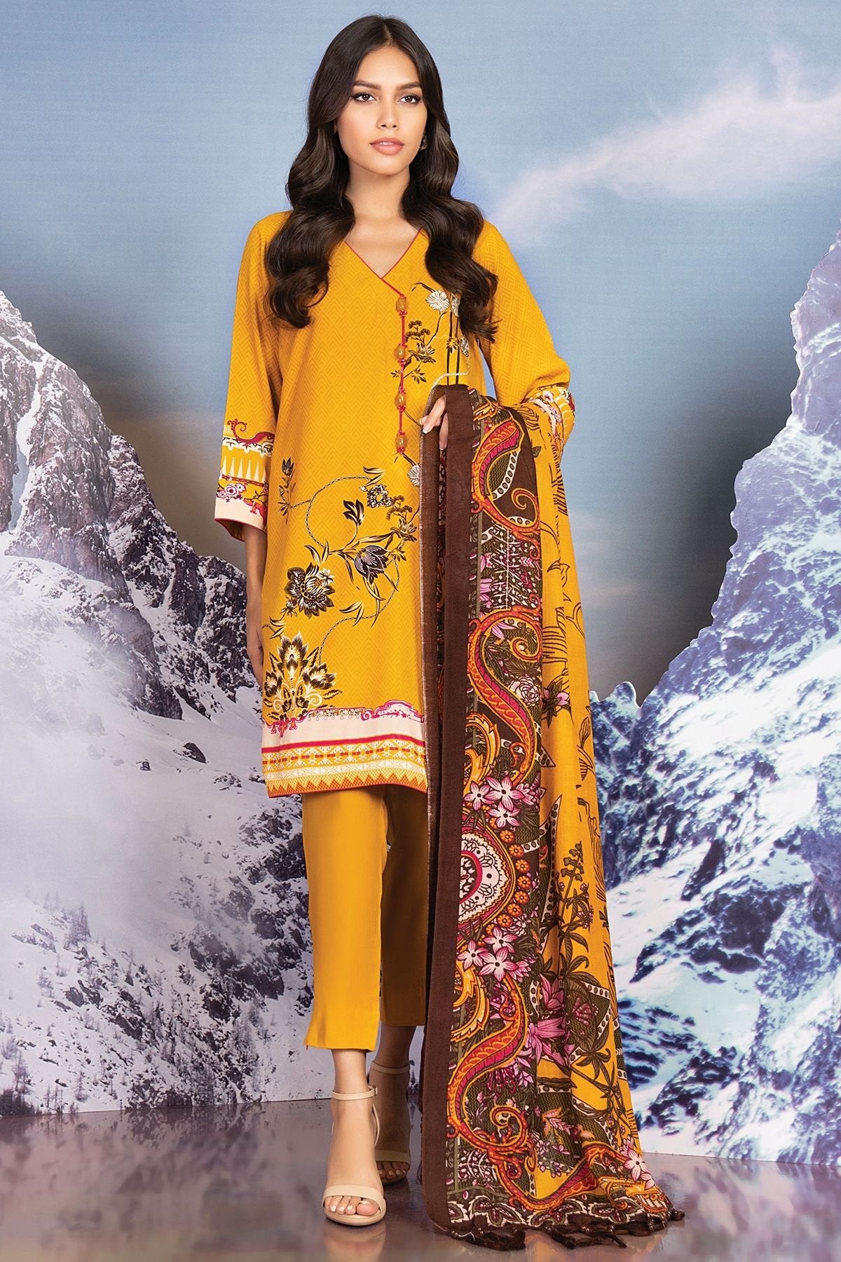 Al-Karam Winter 3 Pc Printed Viscose Suit With Printed Shawl - FW-18-21-Yellow