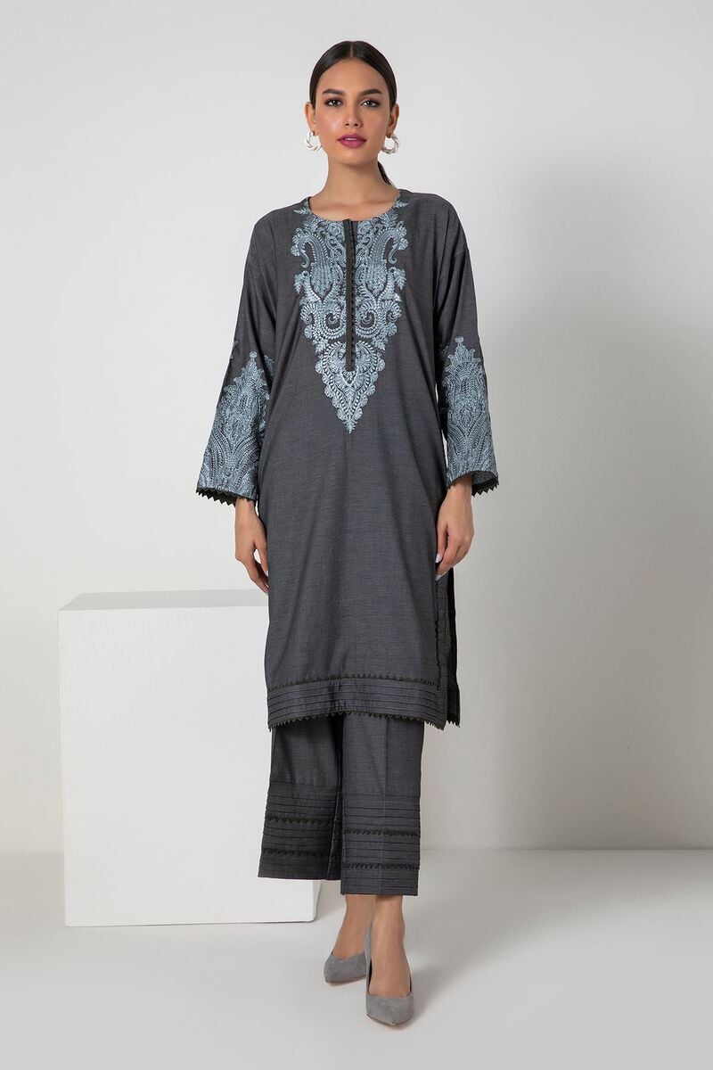 Khaadi Dyed Embroidered Light Denim Twill | Top Bottoms - ILD22301-GREEN