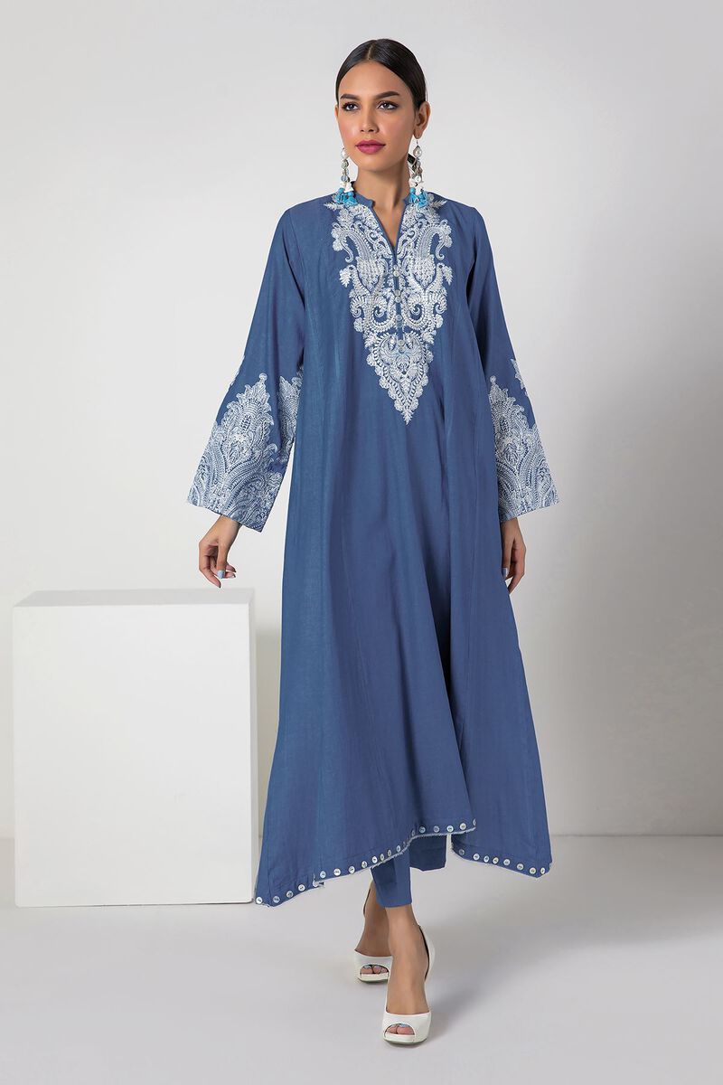 Khaadi Dyed Embroidered Light Denim Twill | Top Bottoms - ILD22301-WHITE