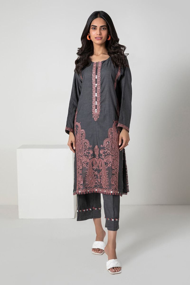 Khaadi Dyed Embroidered Light Denim Twill | Top Bottoms - ILD22303-RED