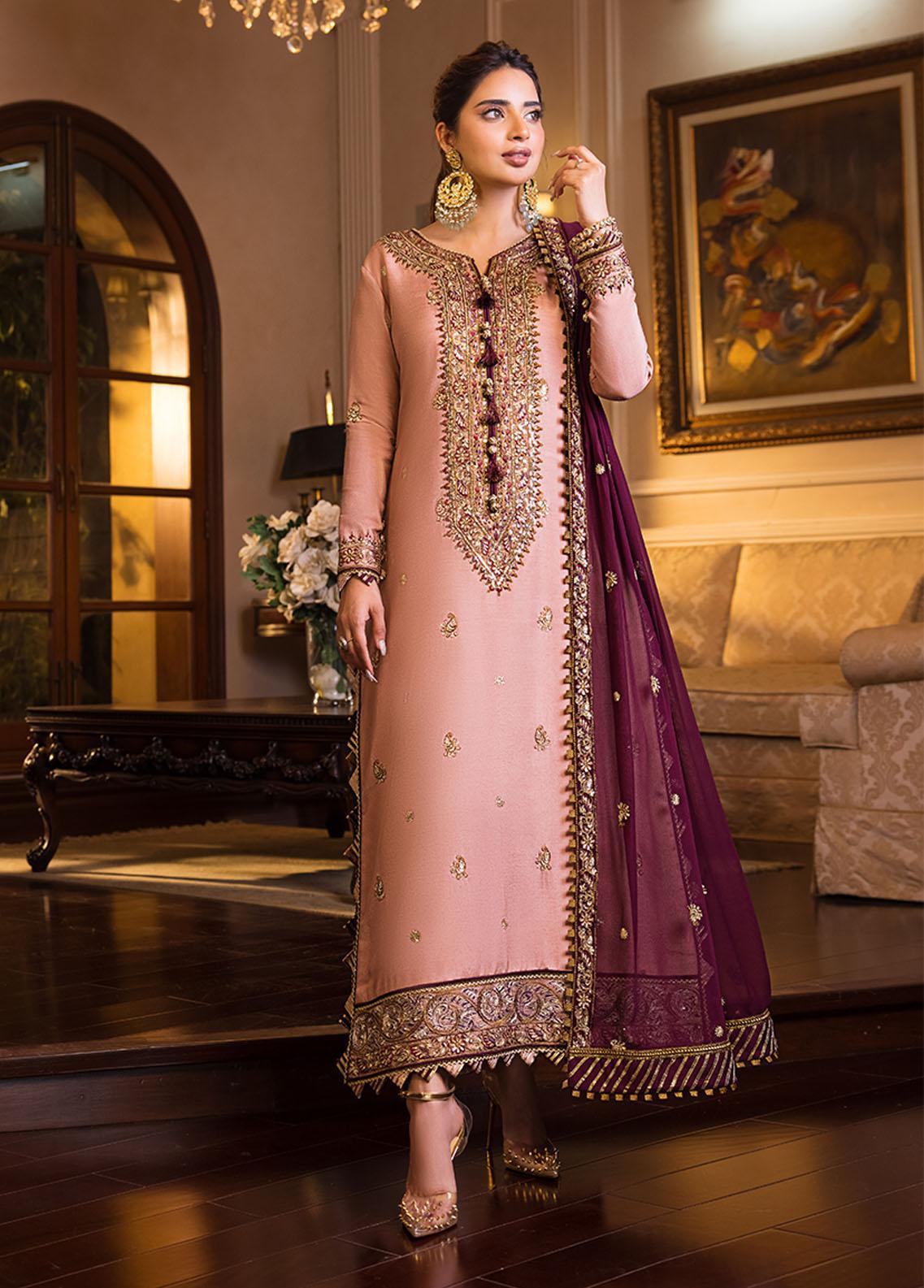 Maahru & Noorie by Asim Jofa Embroidered Cotton Silk Suits Unstitched 3 Piece AJ23MN AJSM-17 - Festive Collection