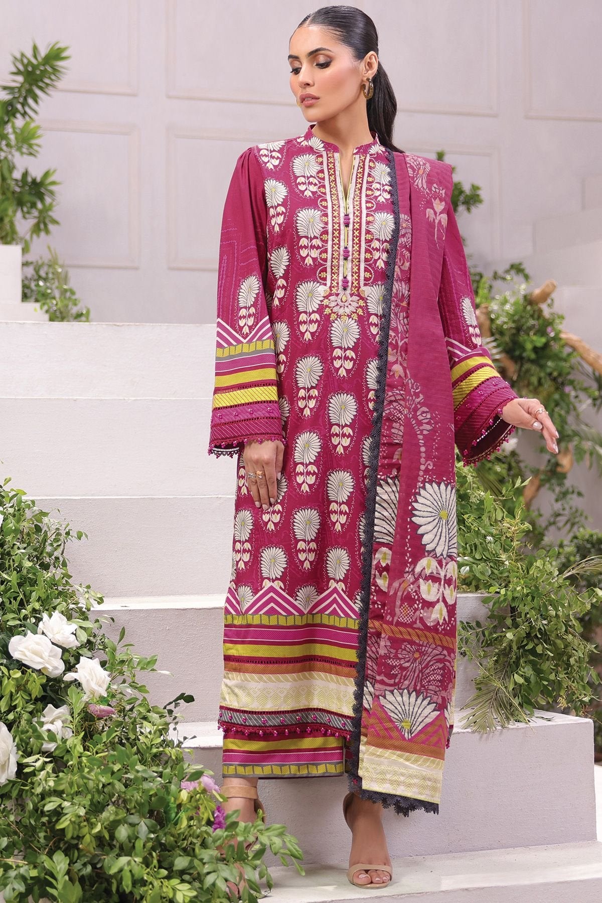 Al-Karam 2 Pc Embroidered Cambric Suit With Doria Dupatta - MS-29-22-Magenta Pink
