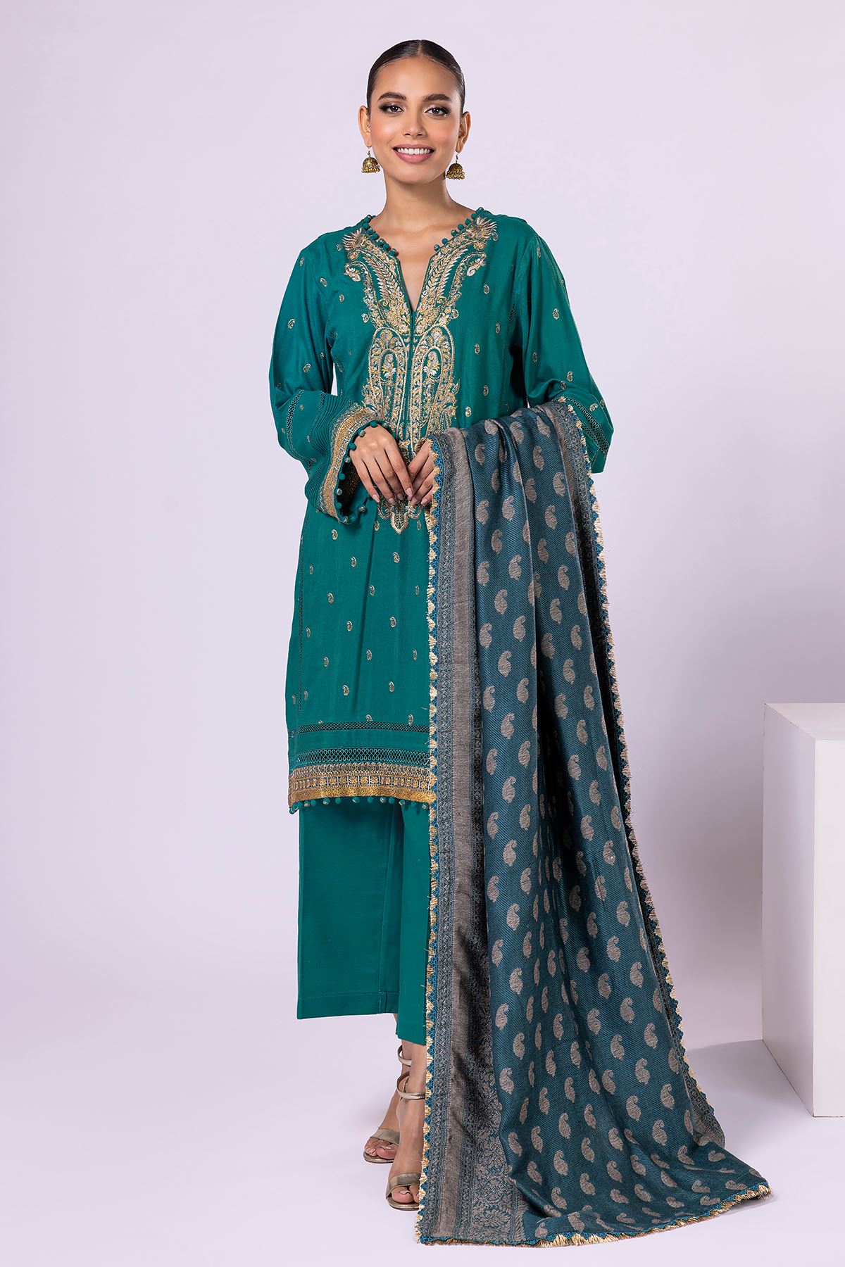 Khaadi Dyed Embroidered Polyester Viscose Acrylic | Top Bottoms Shaw - OPVA22403-GREEN