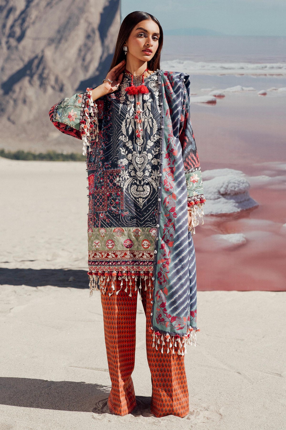 Sana Safinaz Embroidered Slub Suits Unstitched 3 Piece S241-007B-3CP - Luxury Winter Collection